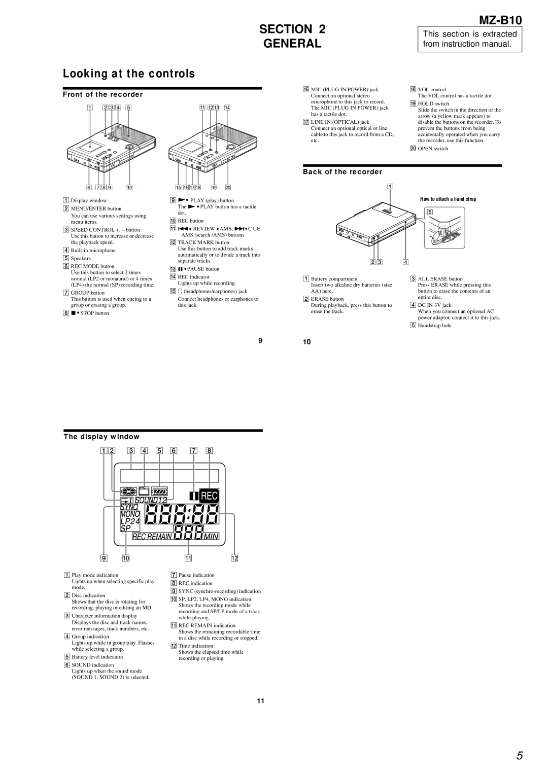 Sony service manual Section General, Looking at the controls MZ-B10 