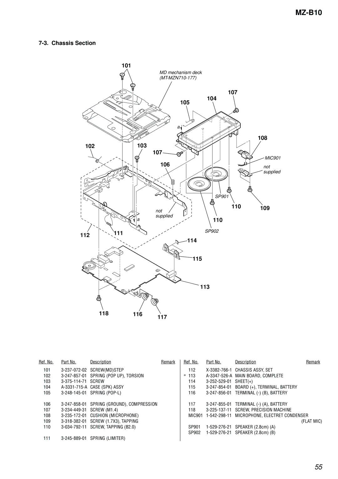 Sony MZ-B10 service manual Chassis, 105 107 104 102 103 106, 112 108, 110, 114 115 113 118 116 117 