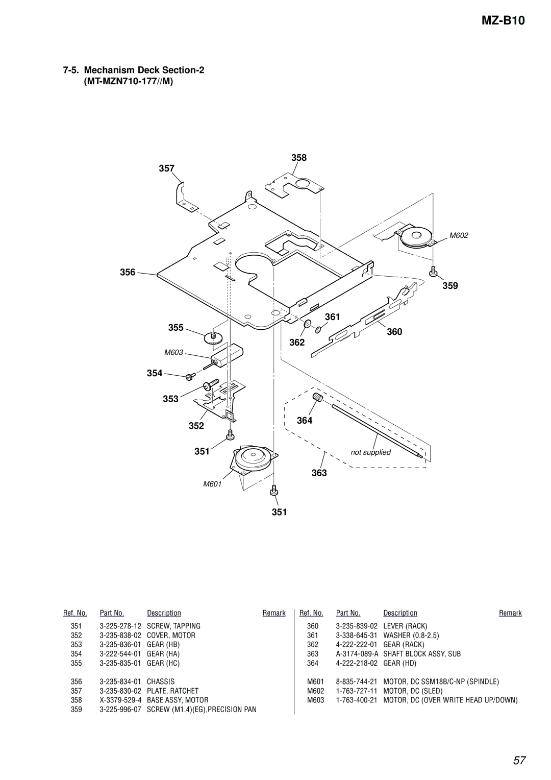 Sony MZ-B10 service manual Mechanism Deck MT-MZN710-177//M 357 356 355, 354 353 352 351, 358, 359 361 360 364, 363 351 