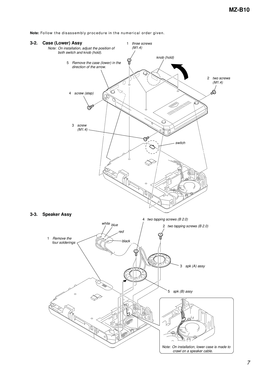 Sony MZ-B10 service manual Case Lower Assy, Speaker Assy 