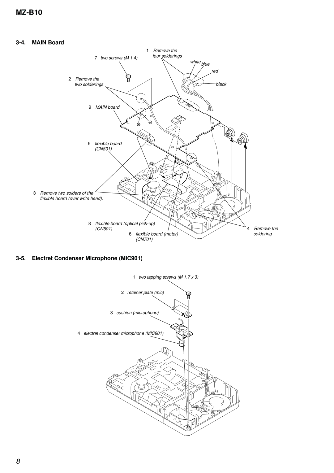 Sony MZ-B10 service manual Main Board, Electret Condenser Microphone MIC901 