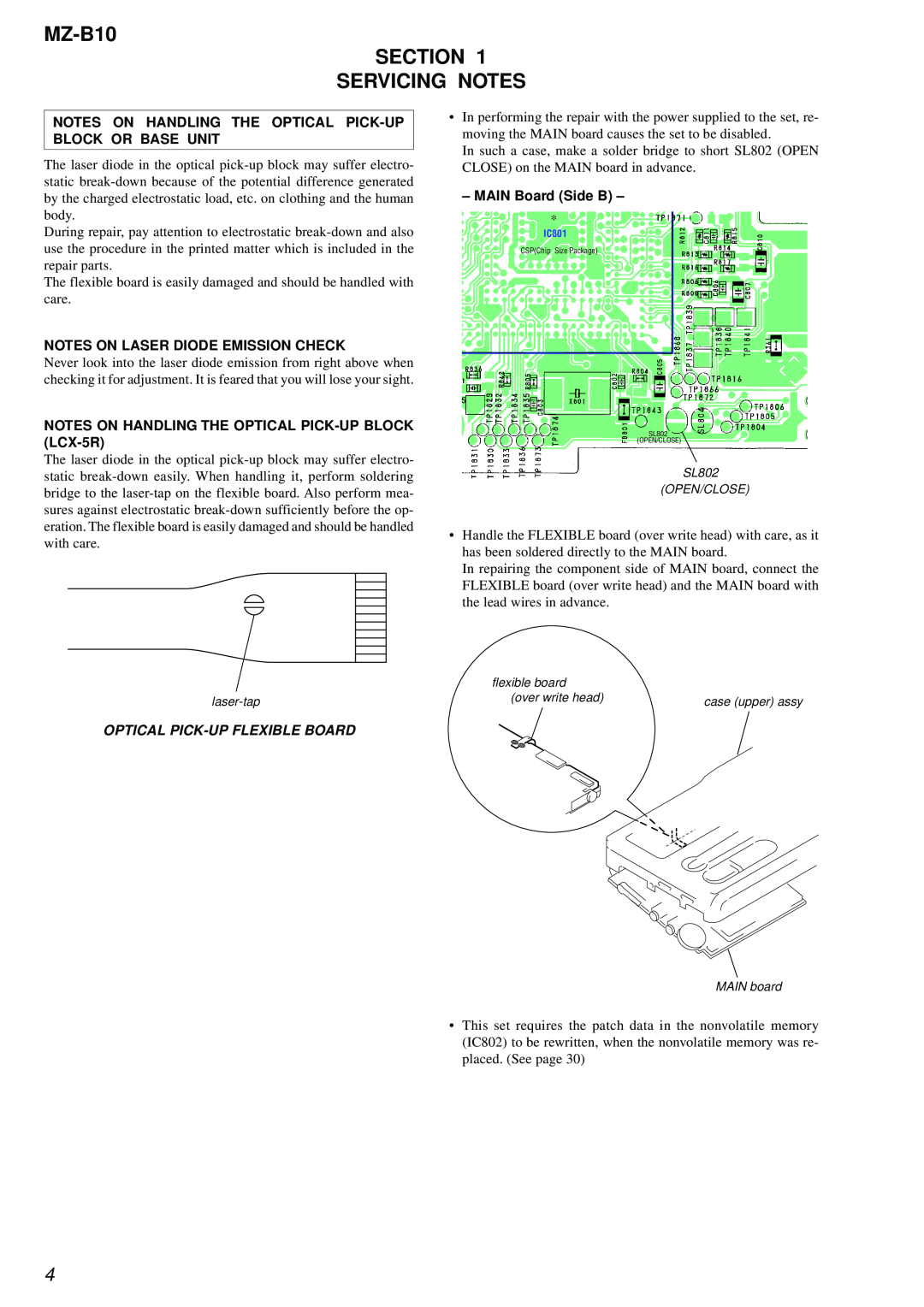 Sony service manual MZ-B10 SECTION SERVICING NOTES, Notes On Laser Diode Emission Check, MAIN Board Side B 