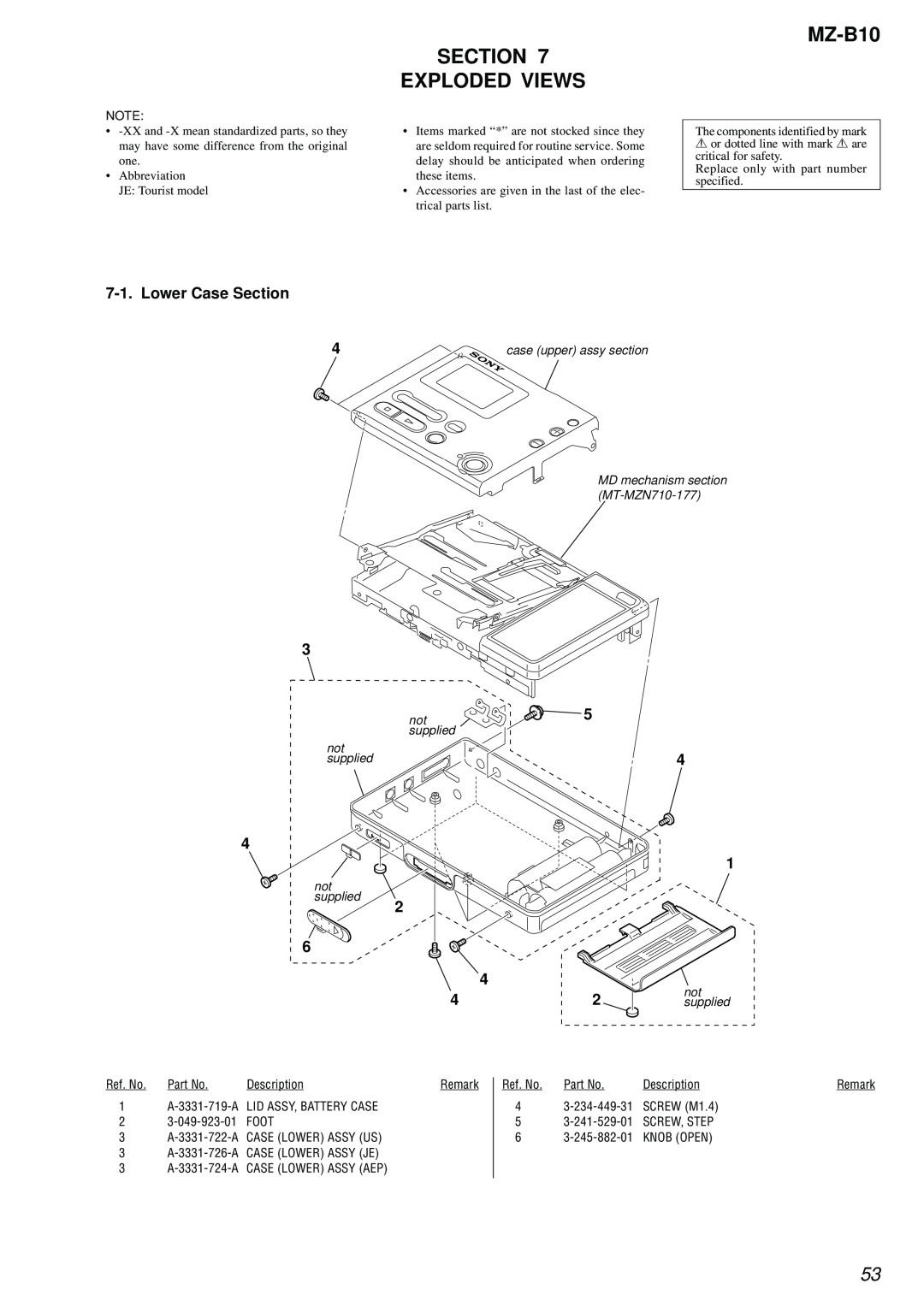 Sony MZ-B10 service manual Exploded Views, Lower Case Section 