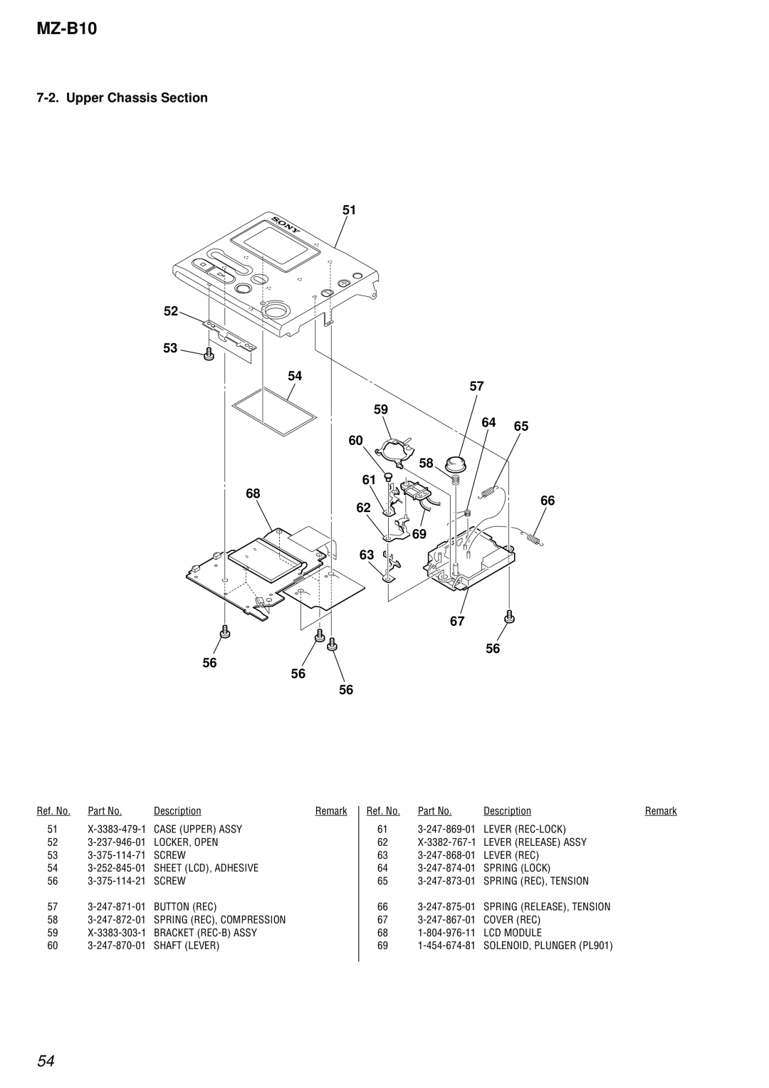 Sony MZ-B10 service manual Upper Chassis Section, 51 54 57 