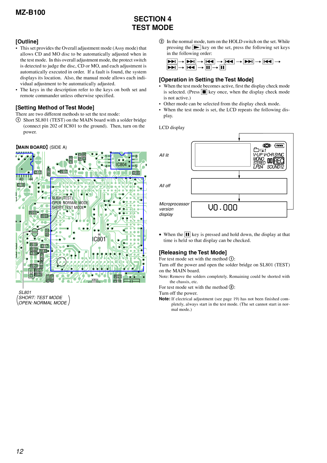 Sony MZ-B100 specifications Section Test Mode, Outline, Setting Method of Test Mode, Operation in Setting the Test Mode 