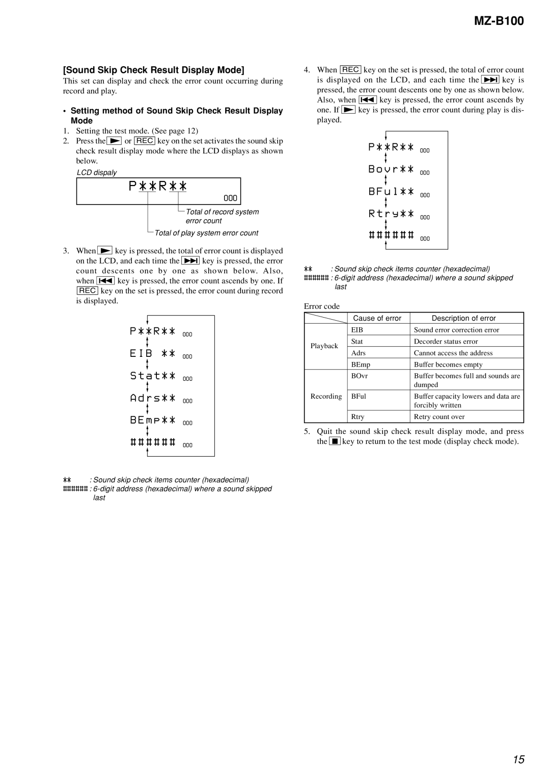 Sony MZ-B100 specifications Setting method of Sound Skip Check Result Display Mode, 000 