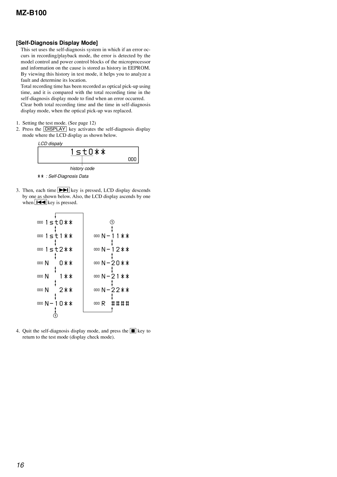 Sony MZ-B100 specifications 000 R # # # #, Self-Diagnosis Display Mode 