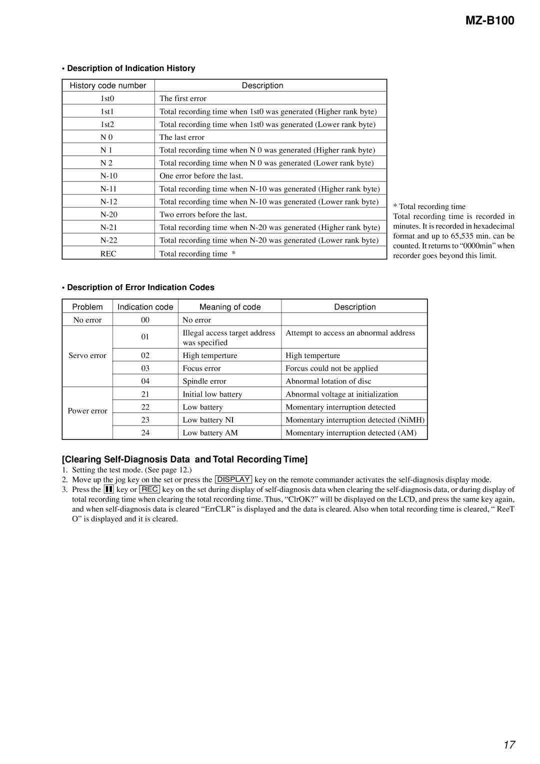 Sony MZ-B100 specifications Clearing Self-Diagnosis Data and Total Recording Time, Description of Indication History 