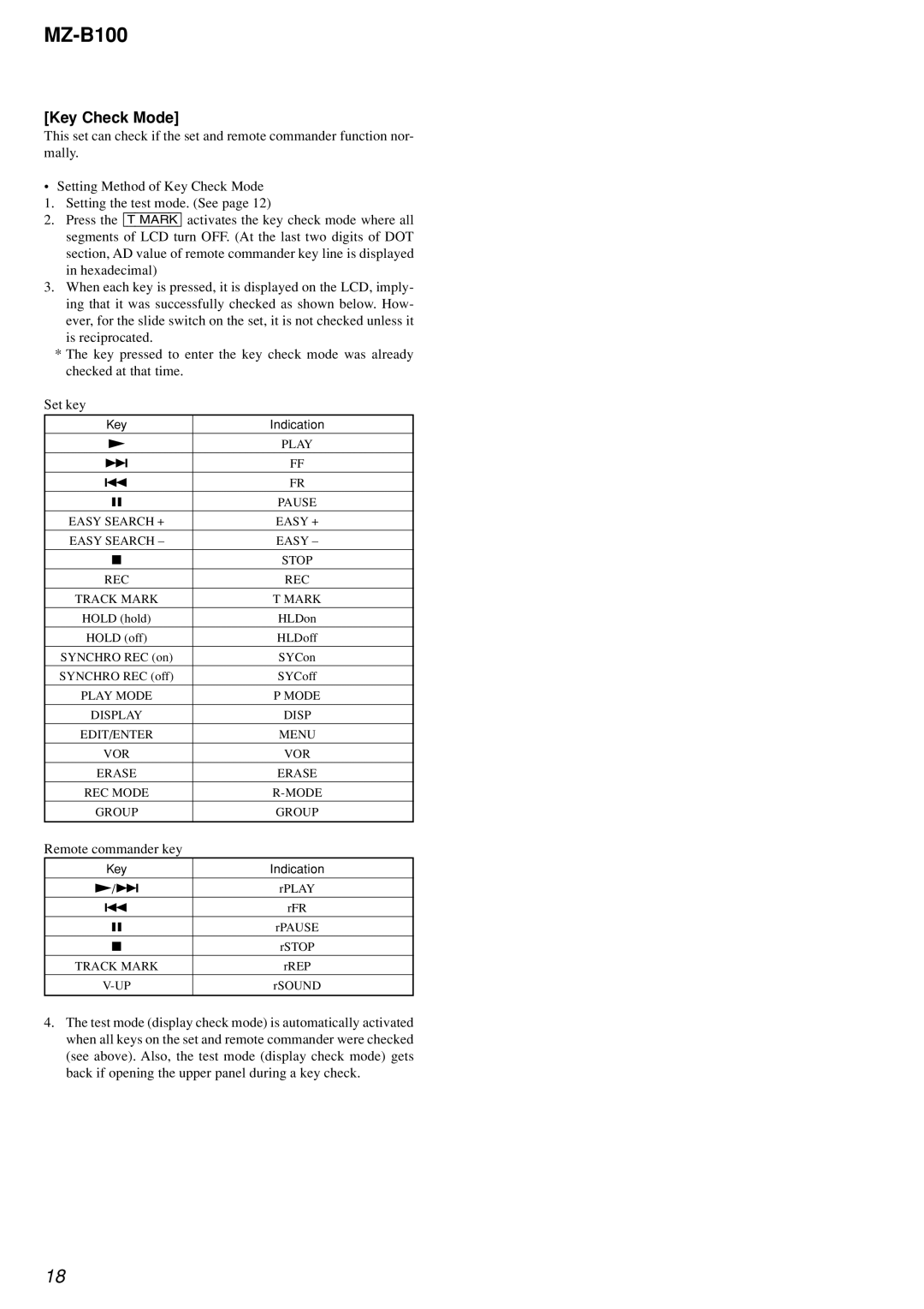 Sony MZ-B100 specifications Key Check Mode, Key Indication 