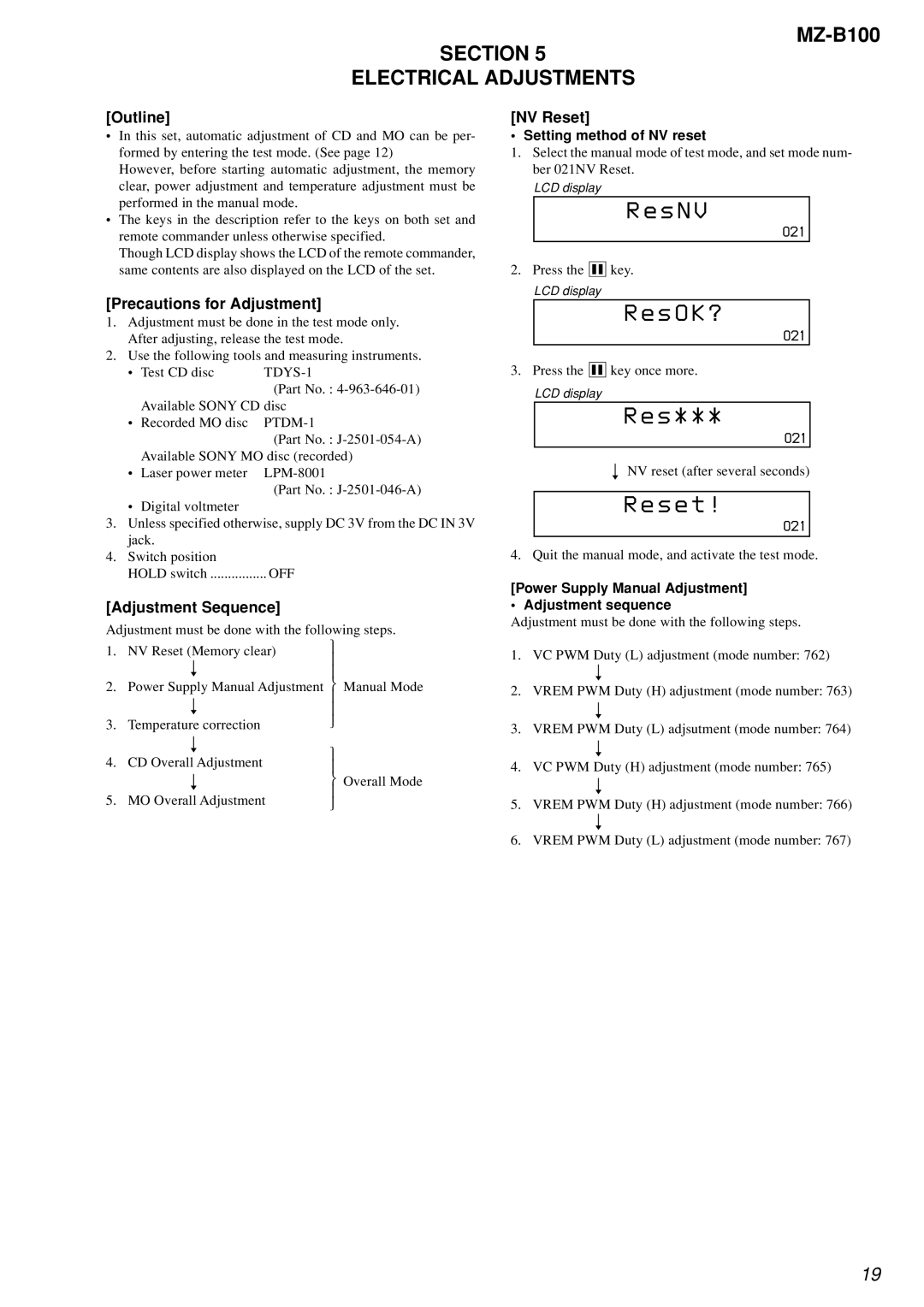 Sony MZ-B100 specifications Section Electrical Adjustments, Precautions for Adjustment, Adjustment Sequence, NV Reset 