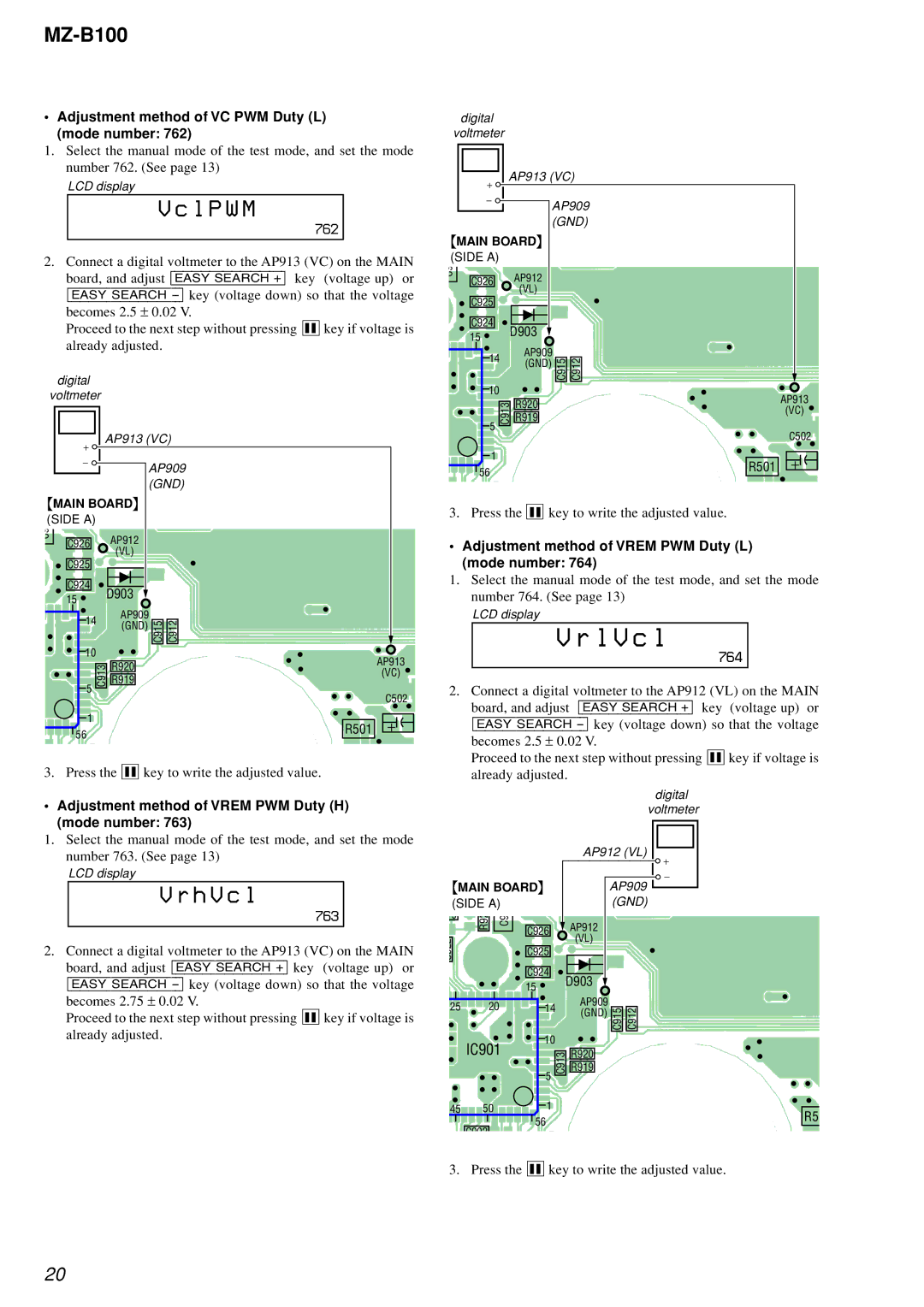 Sony MZ-B100 Adjustment method of VC PWM Duty L mode number, Adjustment method of Vrem PWM Duty L mode number 