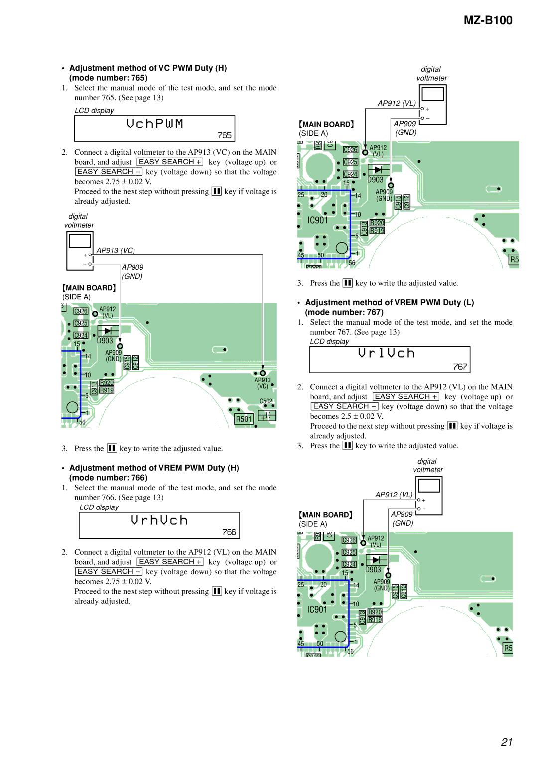 Sony MZ-B100 specifications Adjustment method of VC PWM Duty H mode number, 765, 767, 766 