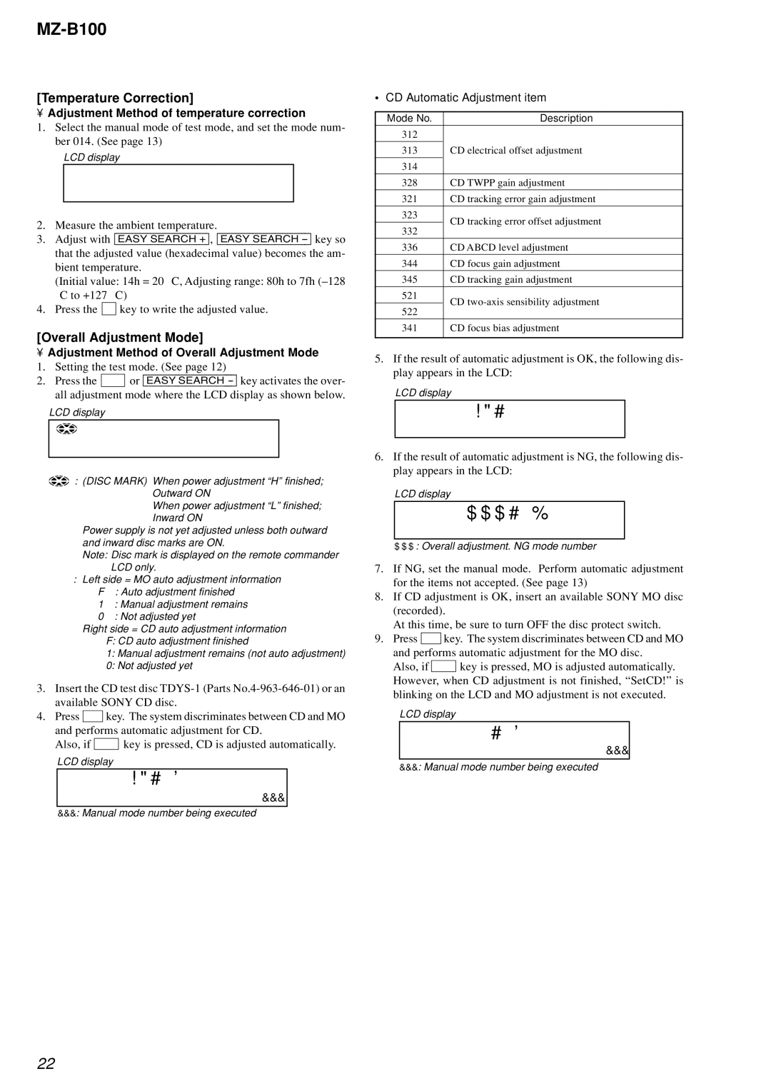 Sony MZ-B100 specifications Temperature Correction, Adjustment Method of temperature correction, 014, 341 