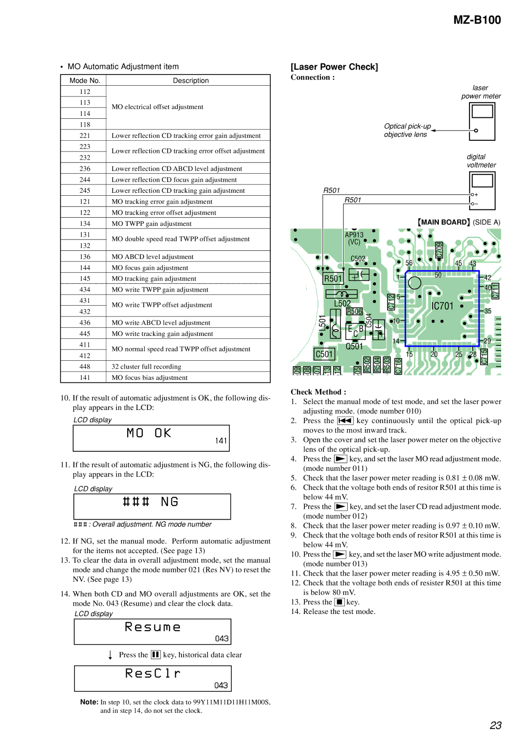 Sony MZ-B100 specifications Laser Power Check, Connection, 141, 043, Check Method 