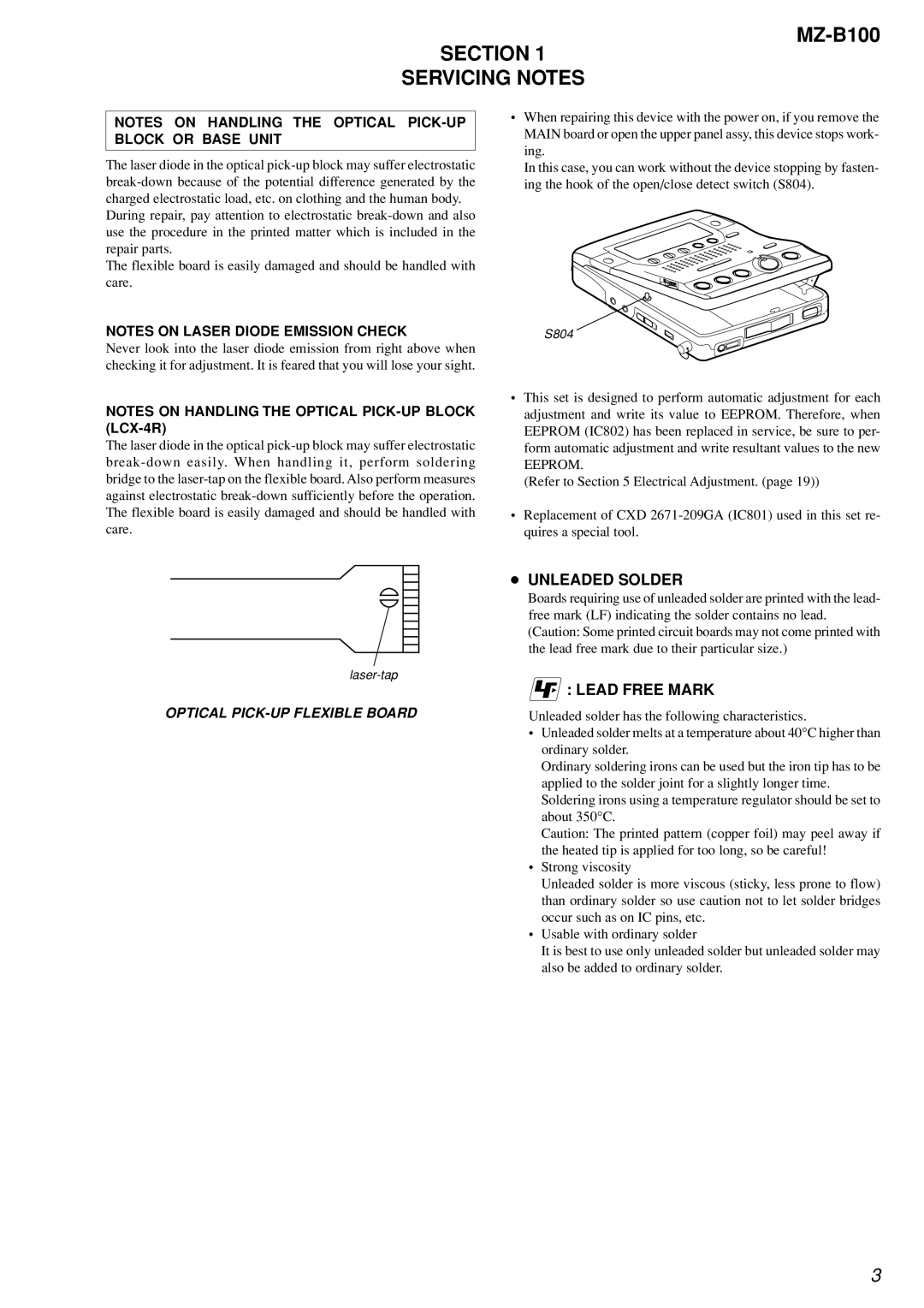 Sony MZ-B100 specifications Section Servicing Notes, Unleaded Solder, Lead Free Mark, Eeprom 