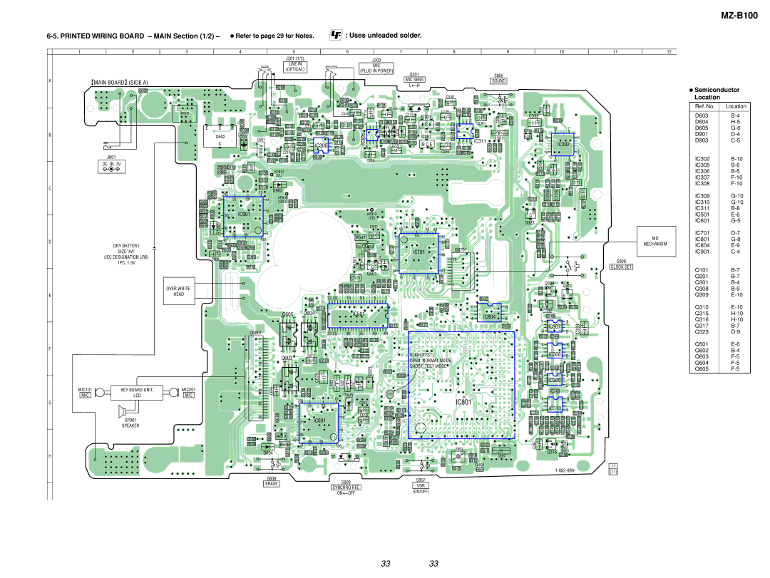 Sony MZ-B100 Printed Wiring Board Main /2, Uses unleaded solder, Refer to page 29 for Notes, Semiconductor, Location 