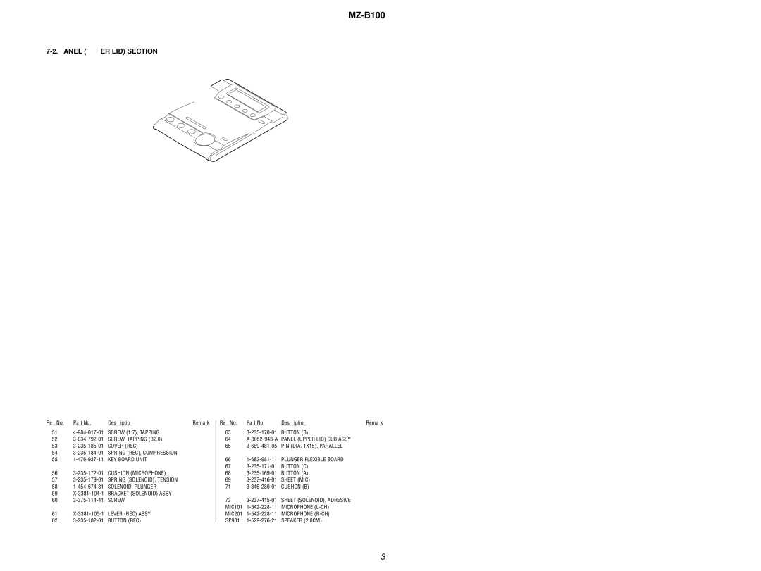 Sony MZ-B100 specifications Panel Upper LID Section, 5354 