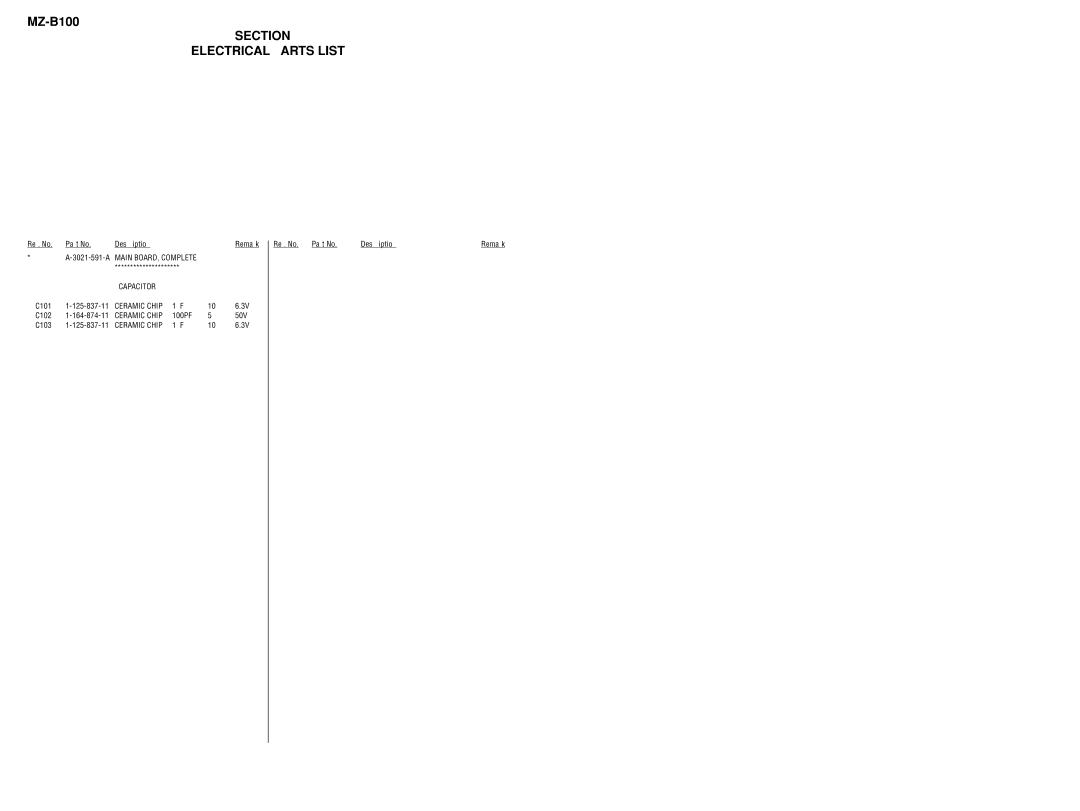 Sony MZ-B100 specifications Main, Section Electrical Parts List 