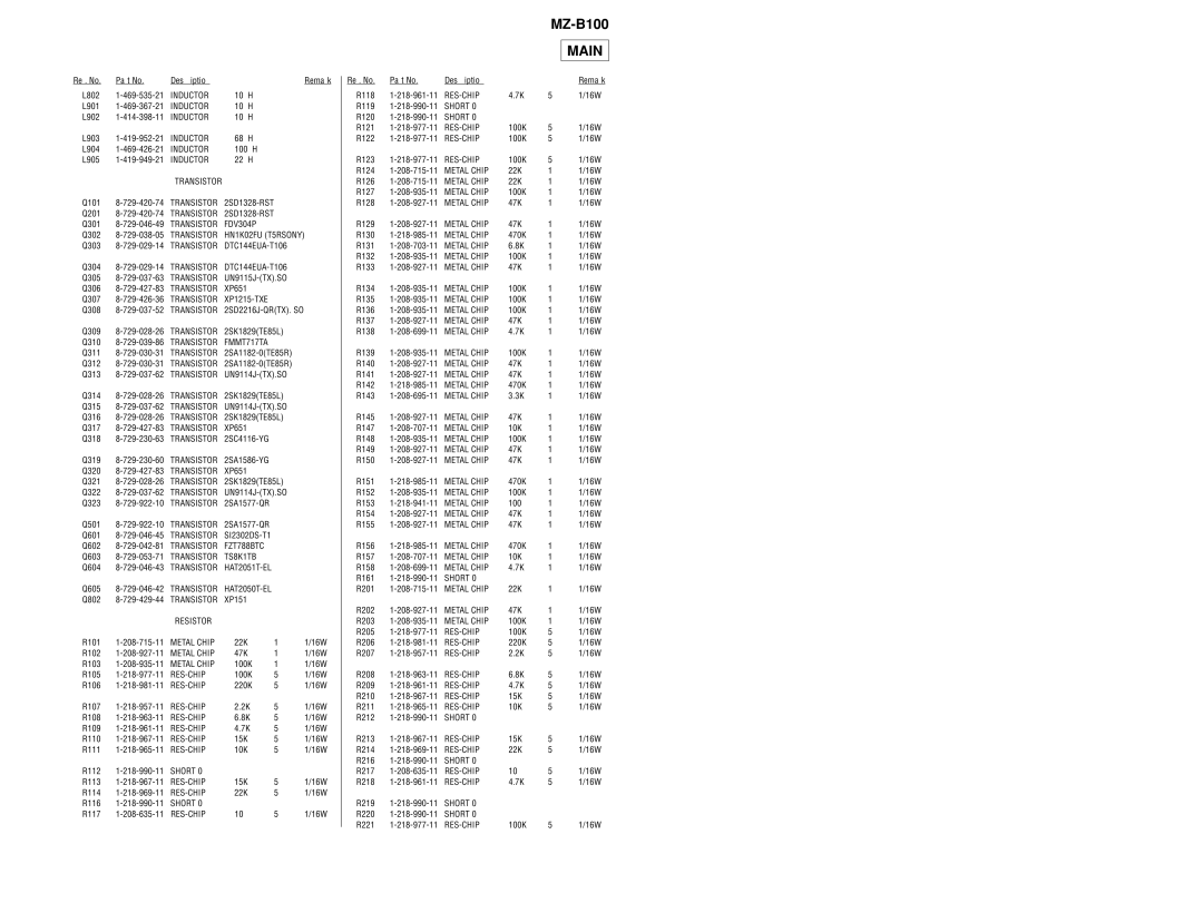 Sony MZ-B100 specifications Transistor 