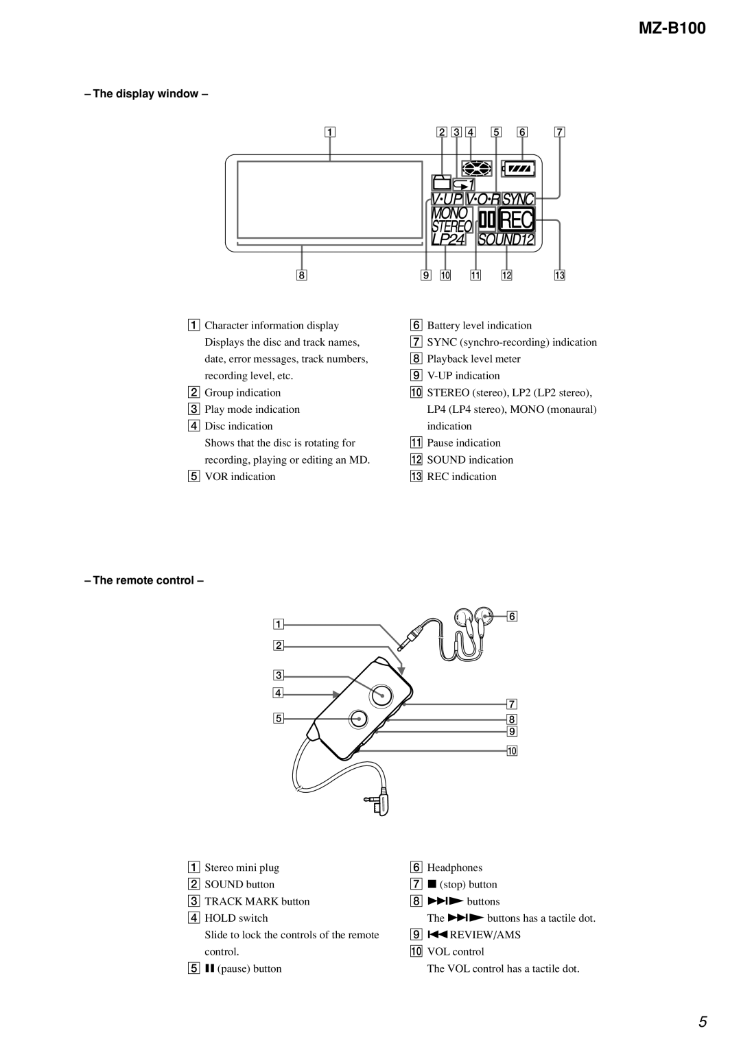 Sony MZ-B100 specifications Display window, Remote control, Review/Ams 