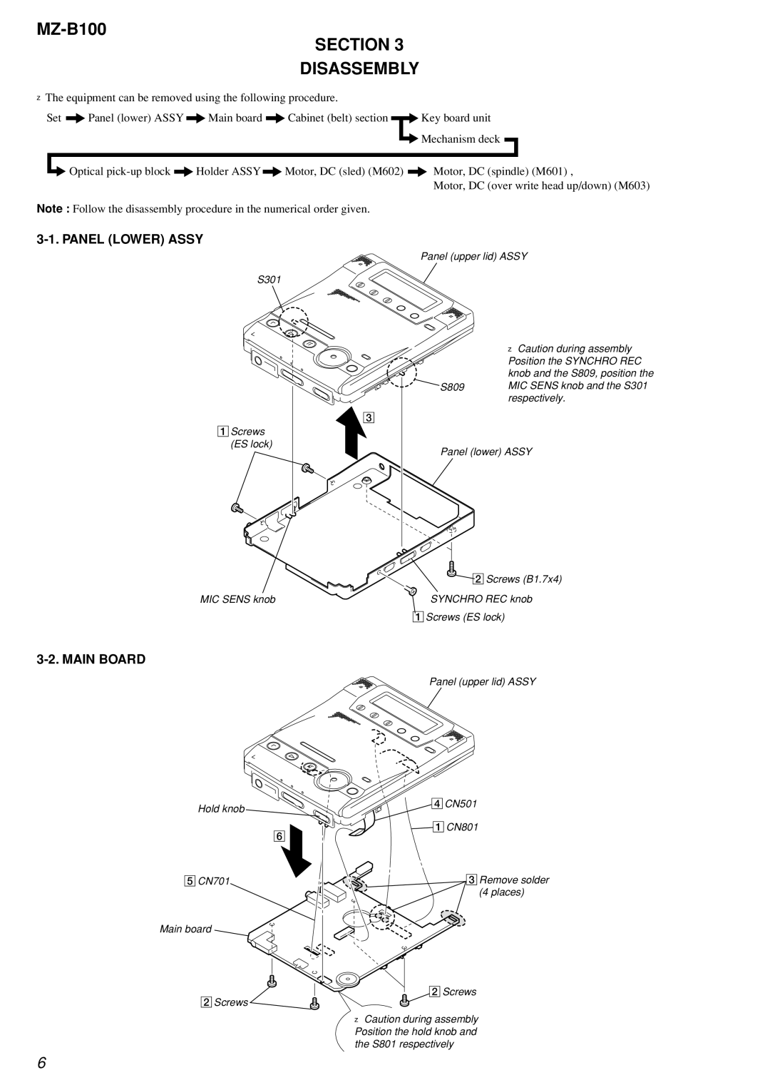 Sony MZ-B100 specifications Section Disassembly, Panel Lower Assy, Main Board 