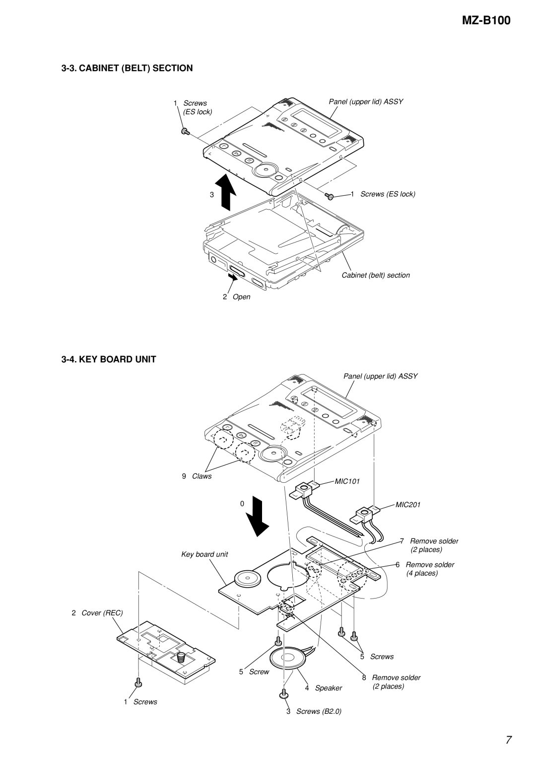 Sony MZ-B100 specifications Cabinet Belt Section, KEY Board Unit 