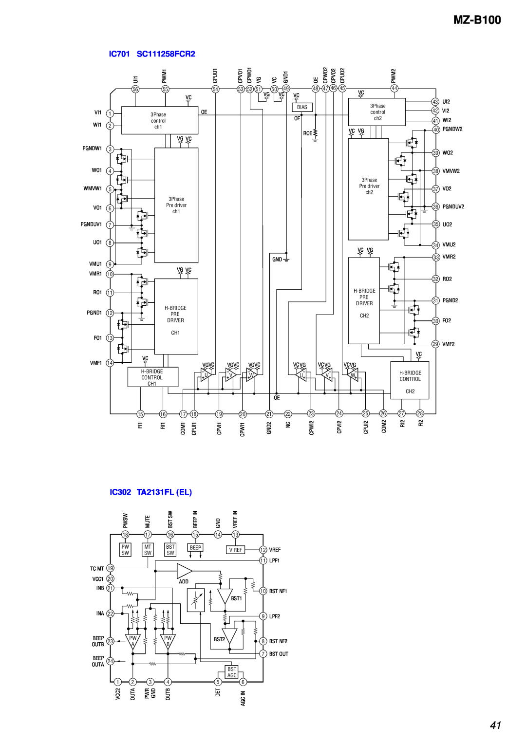 Sony MZ-B100 specifications IC701 SC111258FCR2, IC302, TA2131FL EL 