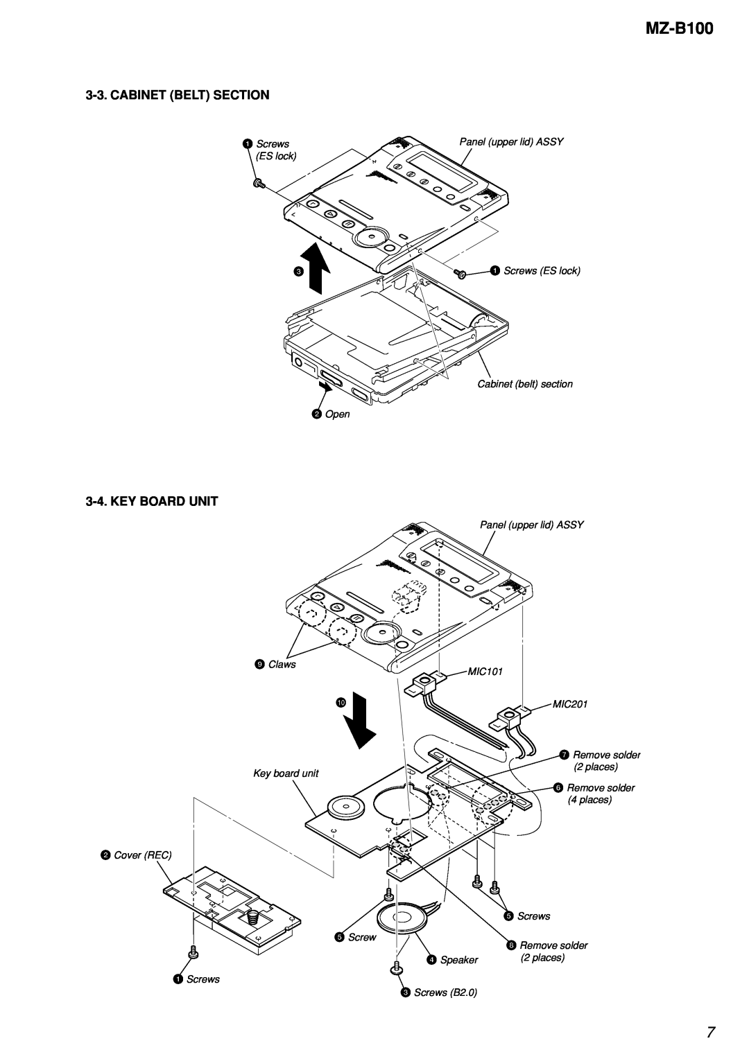 Sony MZ-B100 specifications Cabinet Belt Section, Key Board Unit, Screws ES lock 