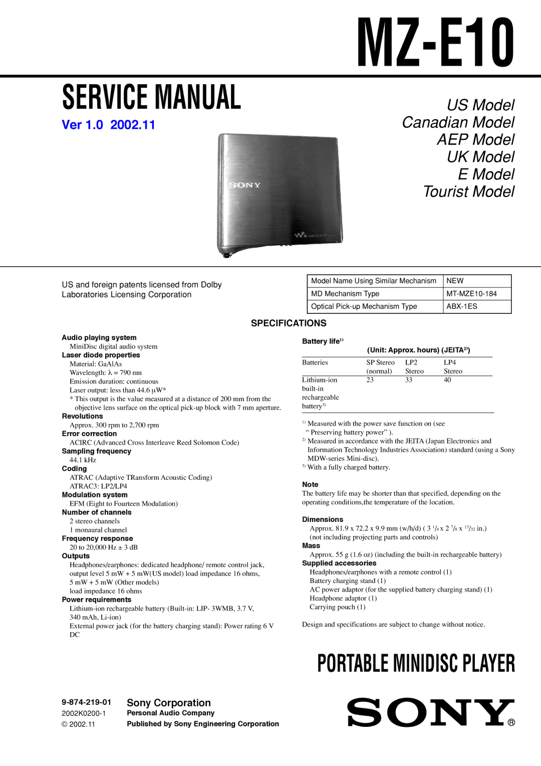 Sony MZ-E10 service manual Specifications, 874-219-01 