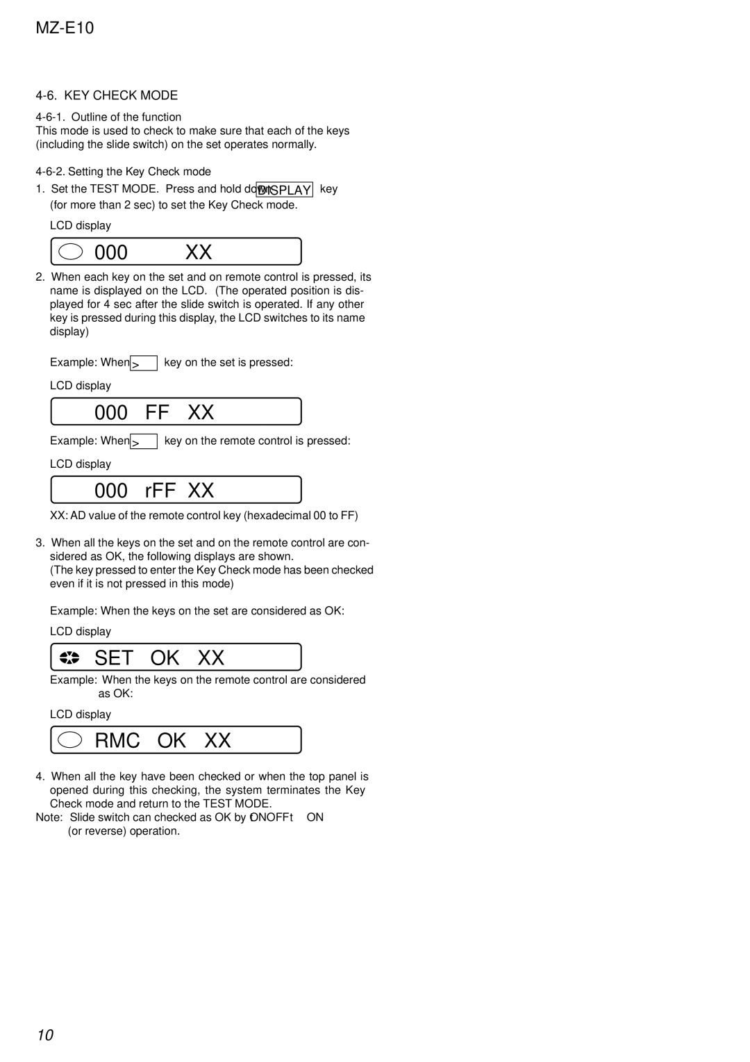 Sony MZ-E10 service manual 000 FF, 000 rFF, KEY Check Mode 