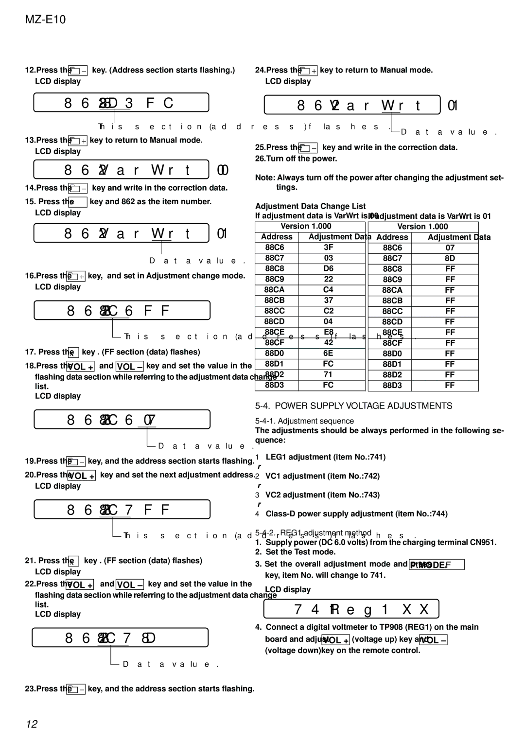 Sony MZ-E10 service manual 862 88D3 FC, 862 88C6, 862 88C7 8D, 741 Reg1, Power Supply Voltage Adjustments 