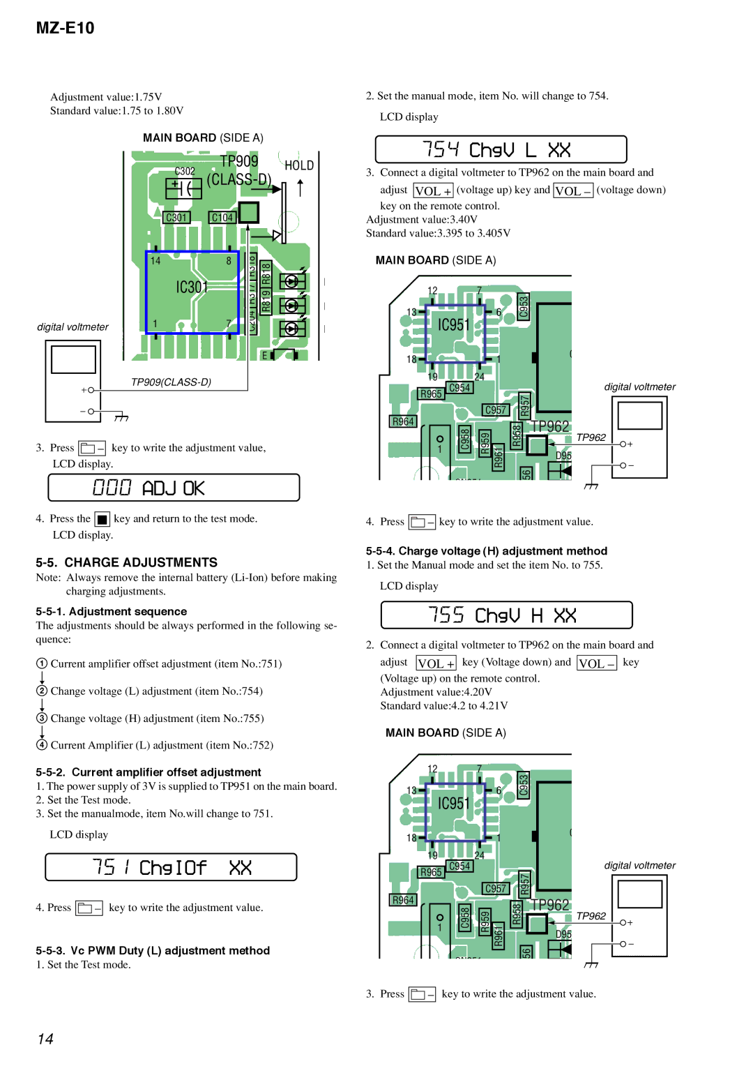 Sony MZ-E10 service manual ChgV L, Adj Ok, ChgIOf, ChgV H, Charge Adjustments 