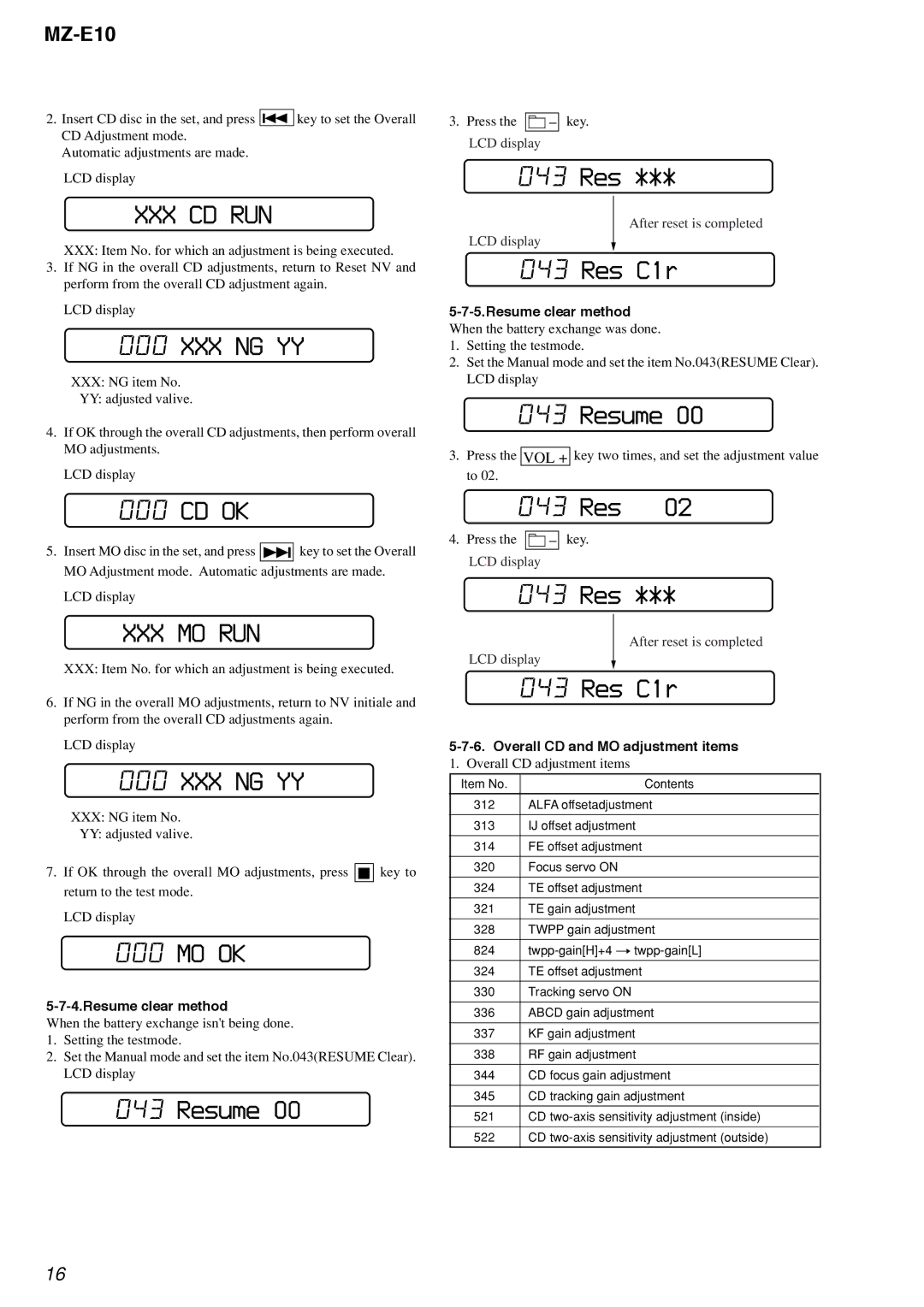 Sony MZ-E10 service manual Cd Ok, Mo Ok, Resume, 043 Res, Res C1r 