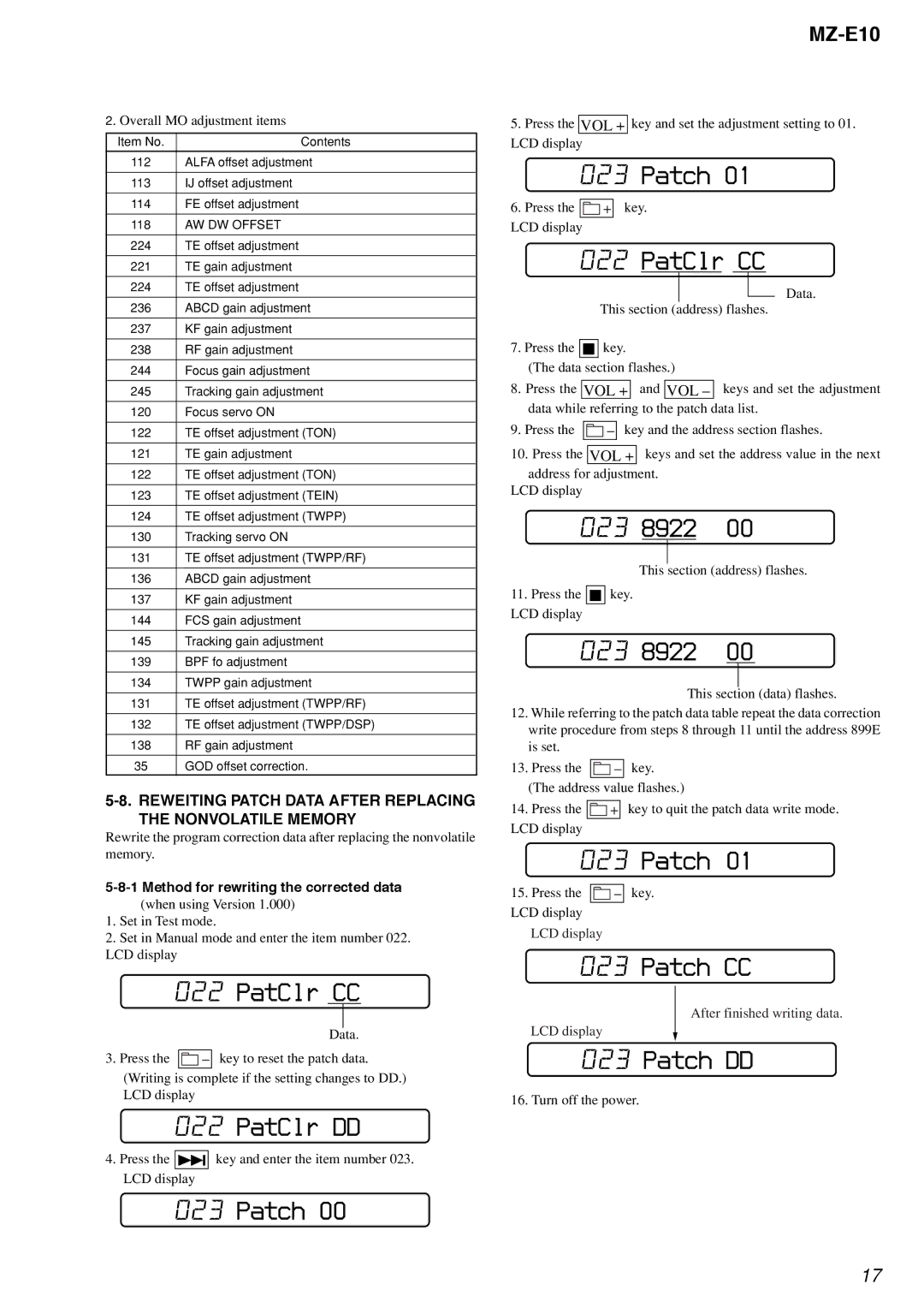 Sony MZ-E10 service manual PatClr CC, PatClr DD, 023 8922, Patch CC, Patch DD 