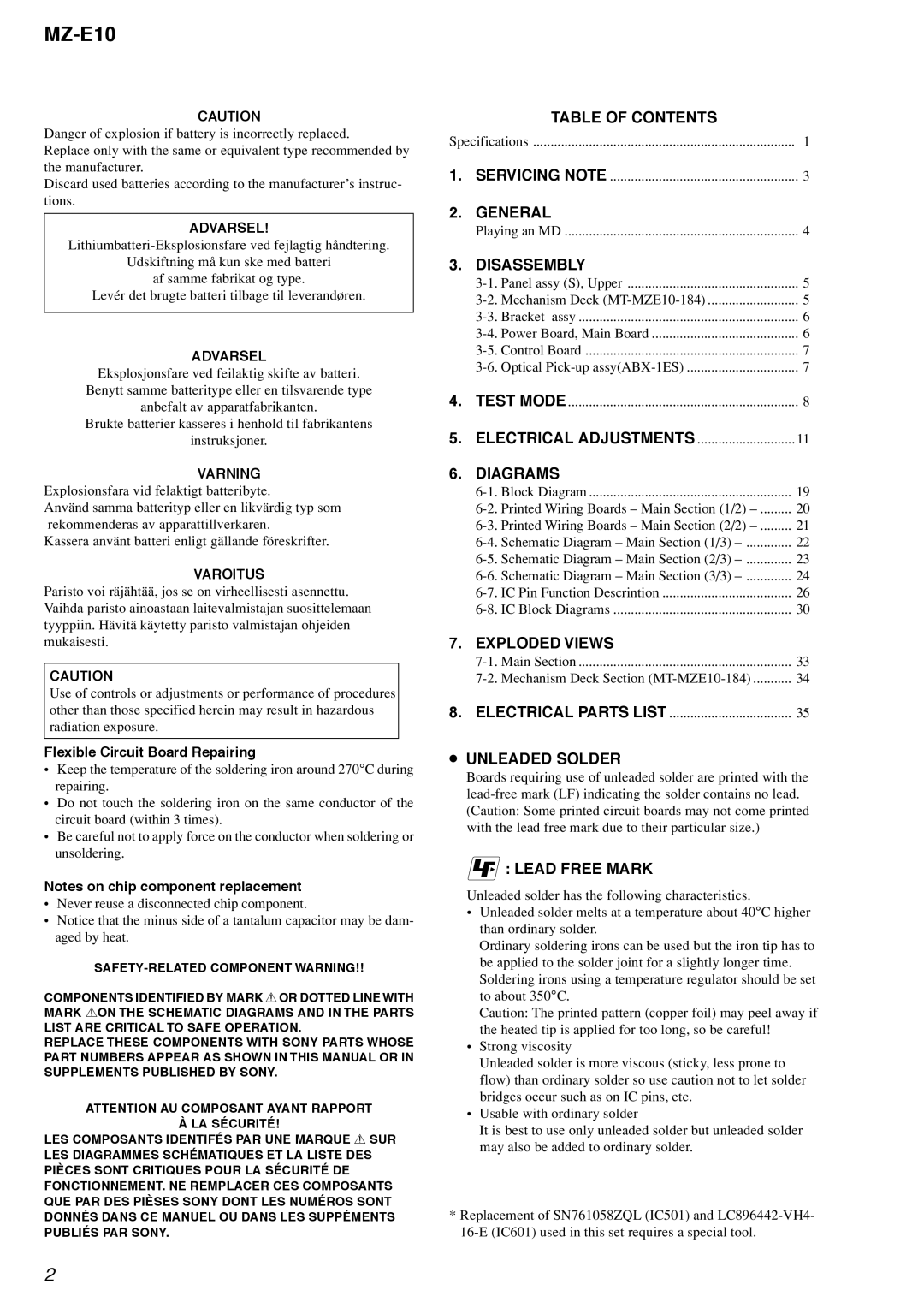 Sony MZ-E10 service manual Table of Contents, General, Disassembly, Diagrams, Exploded Views, Lead Free Mark 