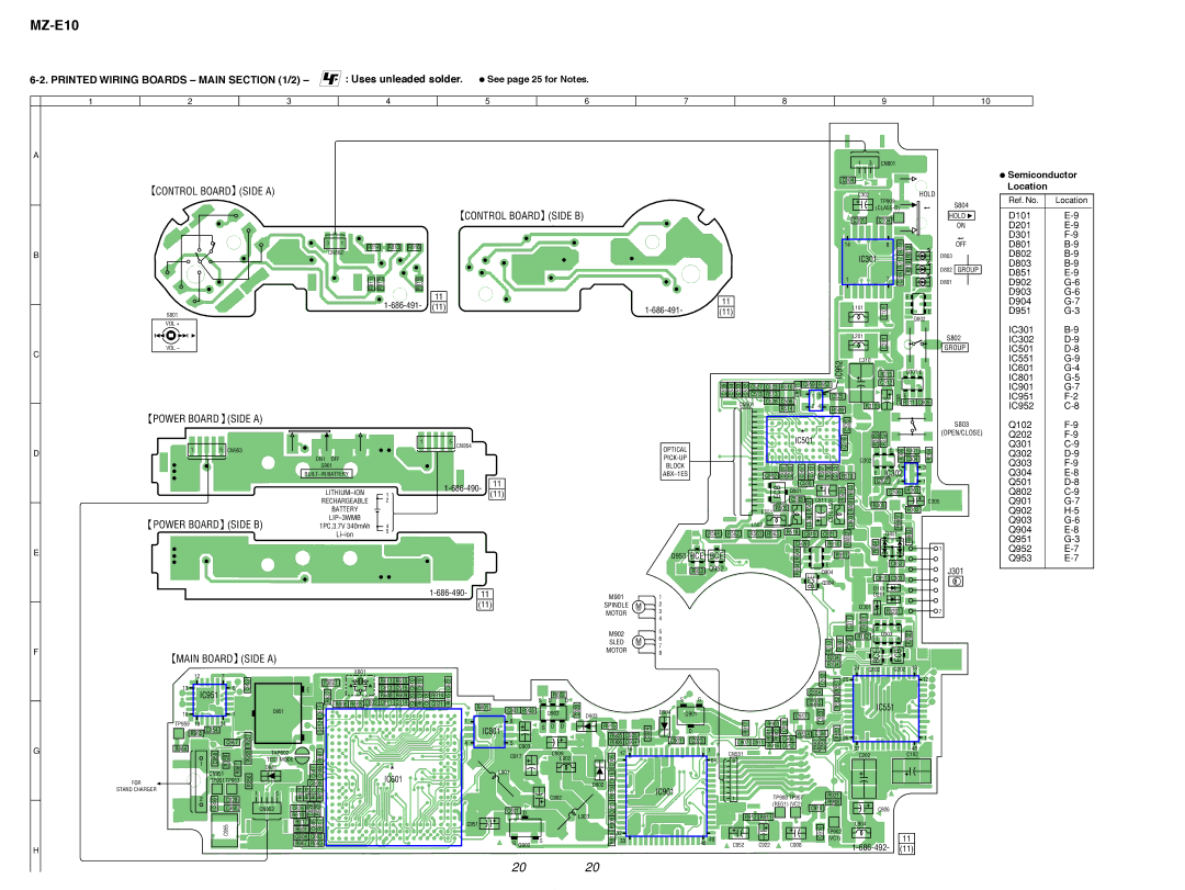 Sony MZ-E10 Printed Wiring Boards Main /2, Uses unleaded solder, See page 25 for Notes, Semiconductor, Location 