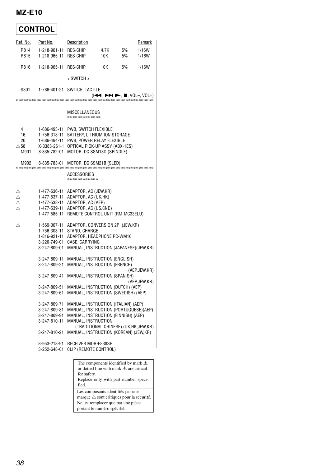 Sony MZ-E10 service manual SWITCH, Tactile 