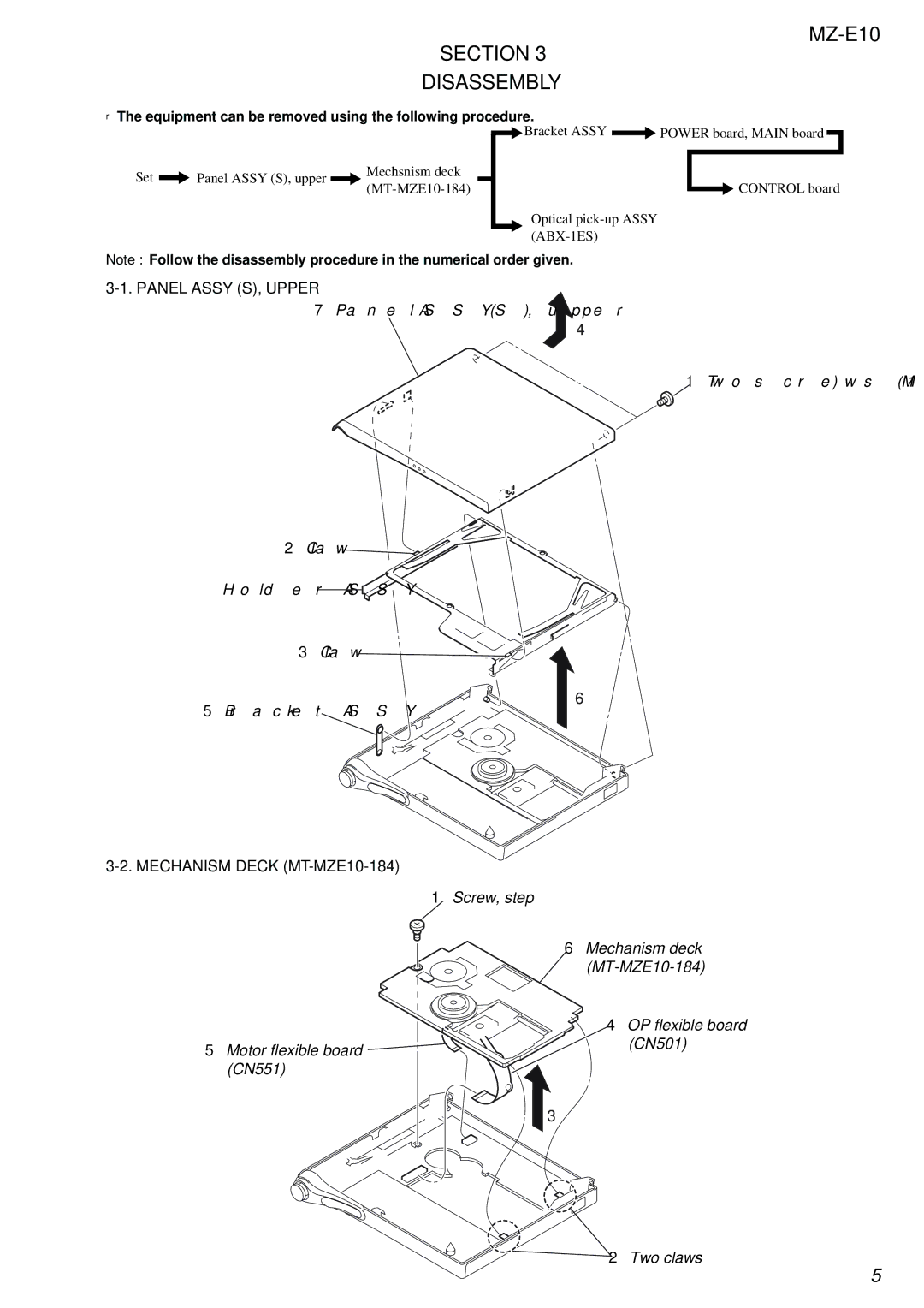 Sony MZ-E10 service manual Section Disassembly, Panel Assy S, Upper, Mechanism Deck MT-MZE10-184 