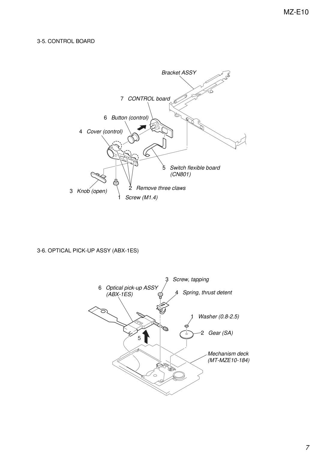 Sony MZ-E10 service manual Control Board, Optical PICK-UP Assy ABX-1ES 