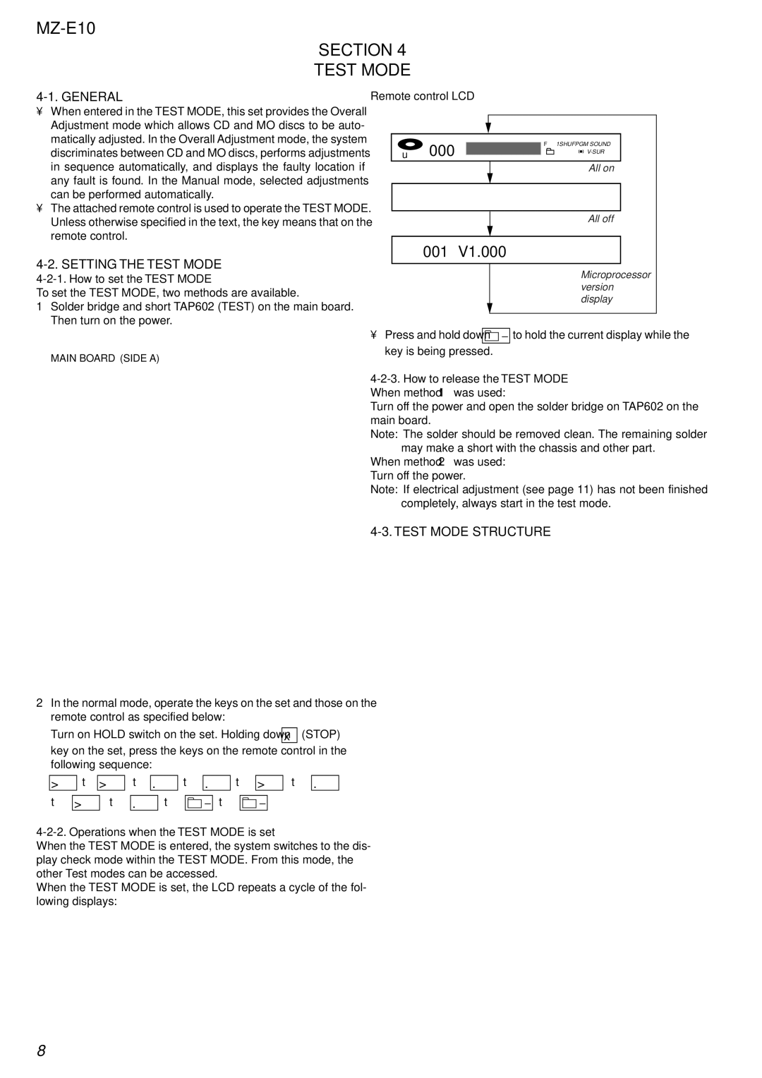 Sony MZ-E10 service manual Section Test Mode, Setting the Test Mode, Test Mode Structure 