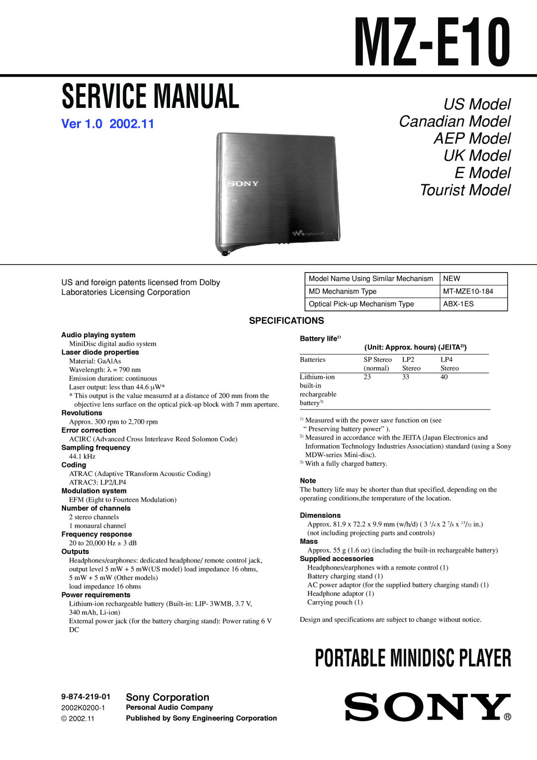 Sony MZ-E10 service manual Portable Minidisc Player, US Model Canadian Model AEP Model UK Model, E Model Tourist Model 