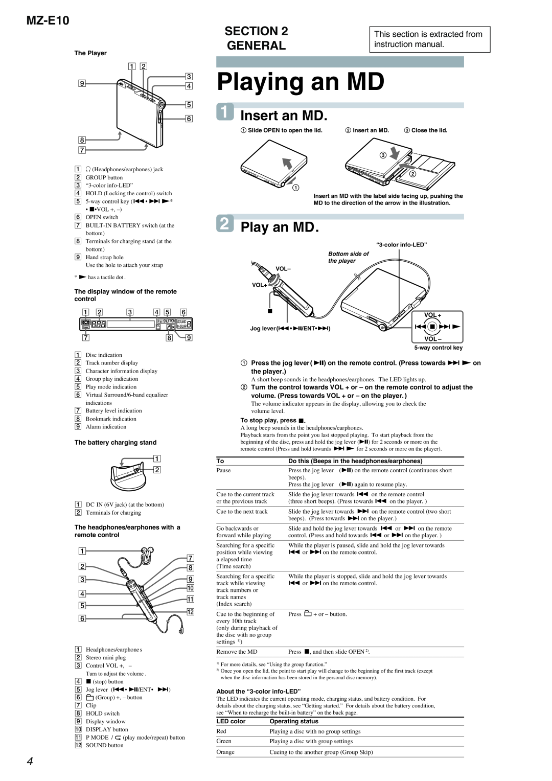 Sony service manual C Playing an MD, 1Insert an MD, 2Play an MD, MZ-E10 SECTION GENERAL 