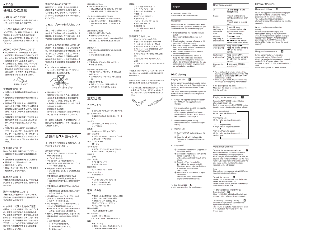 Sony MZ-E35 manual 使用上のご注意, 故障かな?と思ったら, 主な仕様 