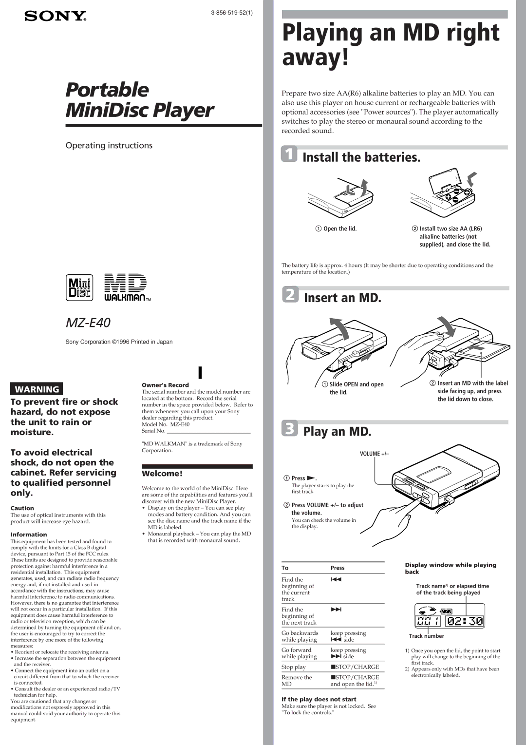 Sony MZ-E40 manual Welcome 