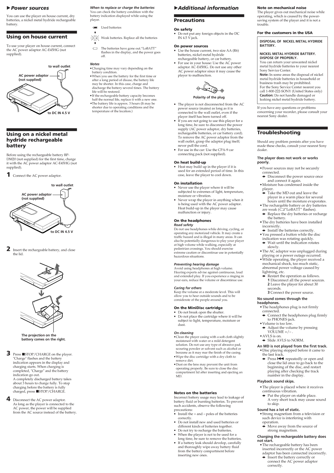 Sony MZ-E40 Using on house current, Using on a nickel metal hydride rechargeable battery, Precautions, Troubleshooting 