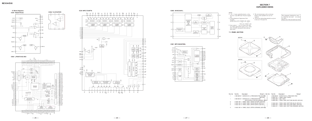 Sony MZ-E45 specifications Section Exploded Views, Panel Section, IC Block Diagrams IC301 BA3577FS-E2, IC601 μPD63731GC-9EU 