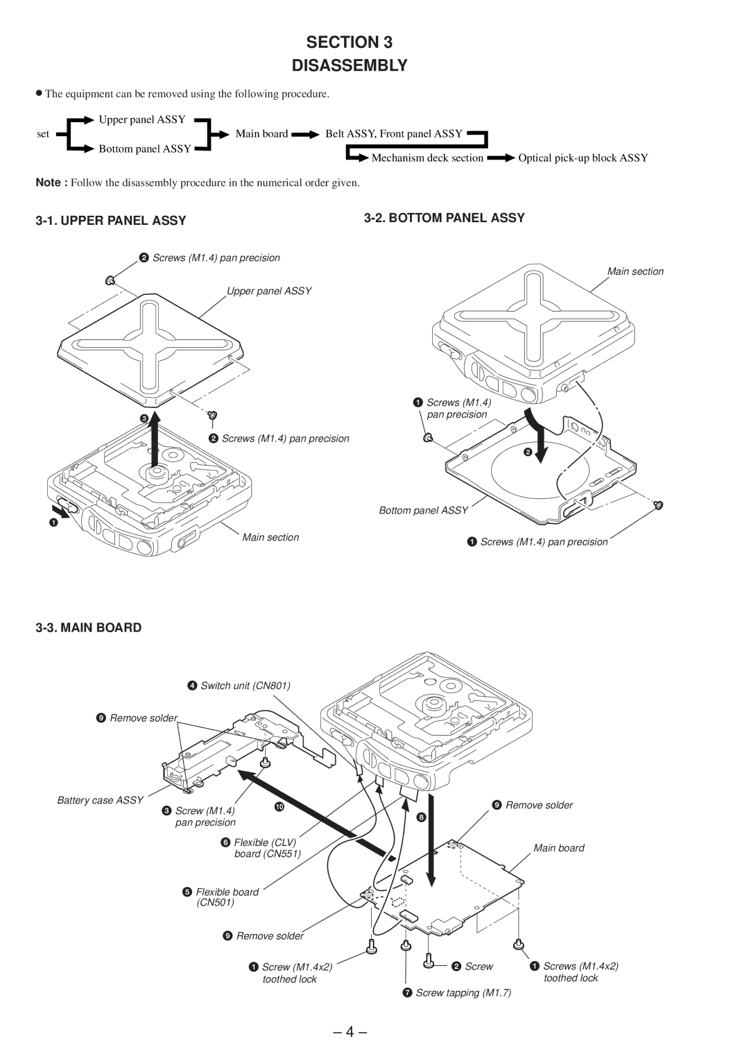 Sony MZ-E45 specifications Section Disassembly, Upper Panel Assy Bottom Panel Assy, Main Board 