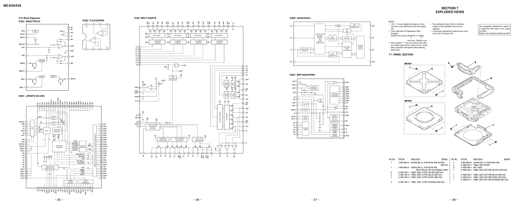 Sony MZ-E45 MZ-E44/E45 SECTION EXPLODED VIEWS, Panel Section, rIC Block Diagrams, IC301 BA3577FS-E2, IC552 TLC372CPWR 