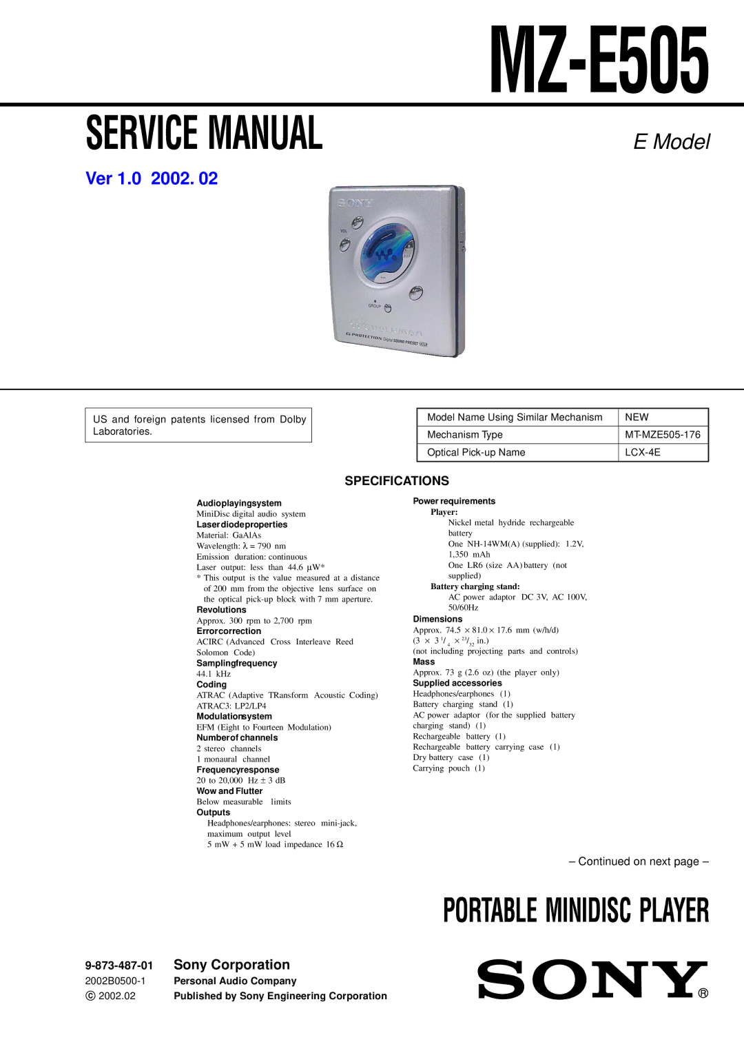 Sony MZ-E505 service manual Specifications, New, LCX-4E 