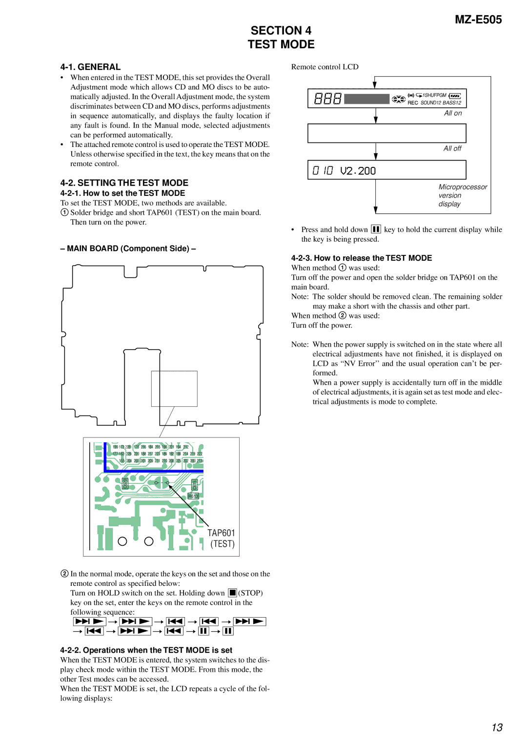 Sony MZ-E505 service manual Section Test Mode, General, Setting the Test Mode 